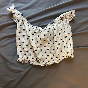 size 8 white and black polka-dot off the shoulder crop top from the top shop